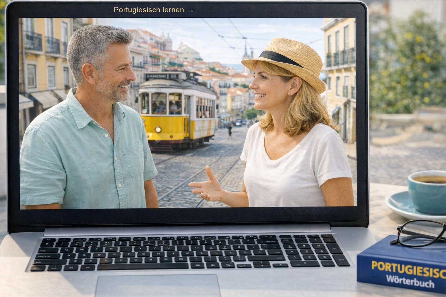 Portugiesisch Alltagssätze – Zwei Menschen im Gespräch auf einer Strasse in Lissabon