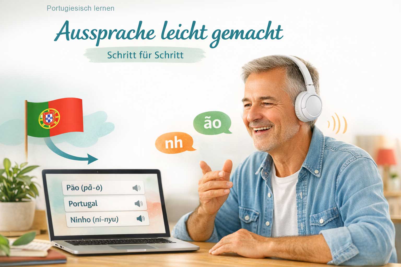 Portugiesisch Aussprache Grundlagen – Mann lernt Portugiesisch online mit Laptop und Kopfhörern, spricht lächelnd portugiesische Wörter nach – Aussprache leicht gemacht Schritt für Schritt.