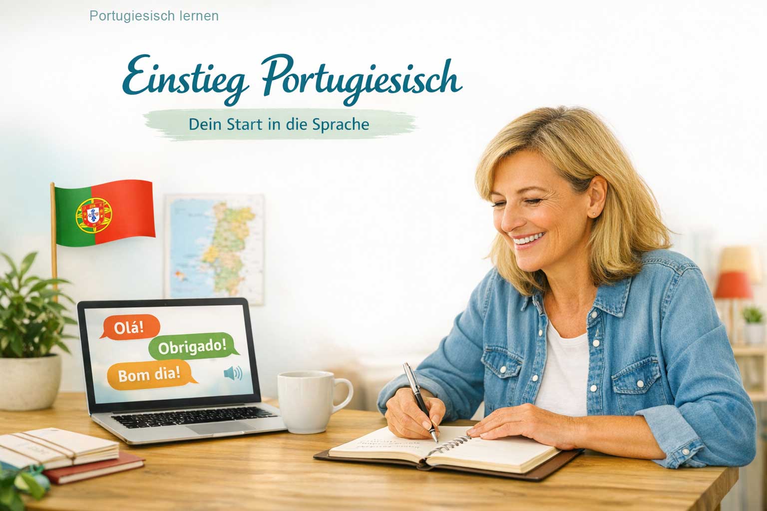 Einstieg Portugiesisch lernen – Notizbuch und Kaffee auf einem Holztisch