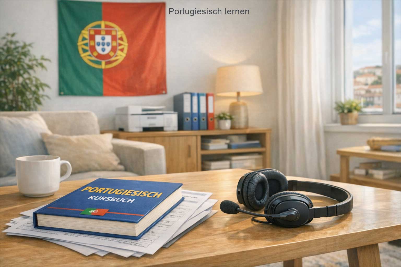 Gesprochen und Geschrieben Portugiesisch – Buch und Kopfhoerer nebeneinander auf einem Tisch