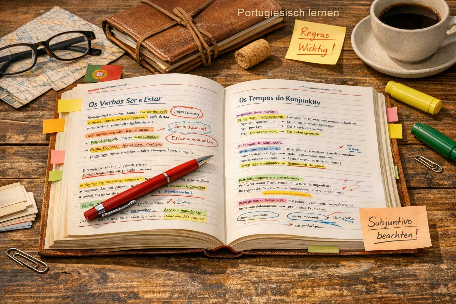 Portugiesisch Grammatik einordnen – Grammatikbuch mit Markierungen auf einem Schreibtisch