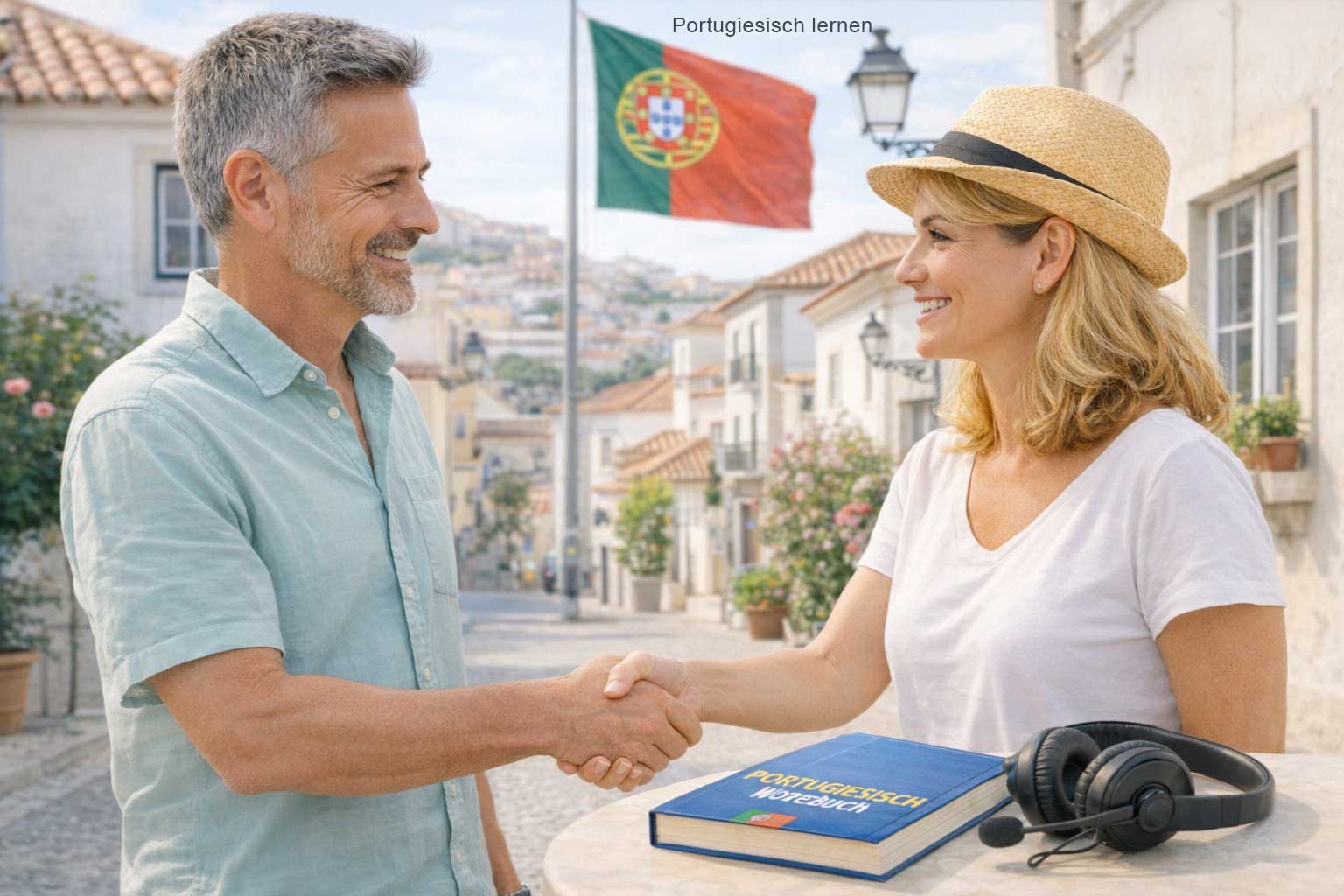Hoeflichkeit Portugiesisch – Zwei Menschen begruessen sich freundlich auf einer Strasse in Porto