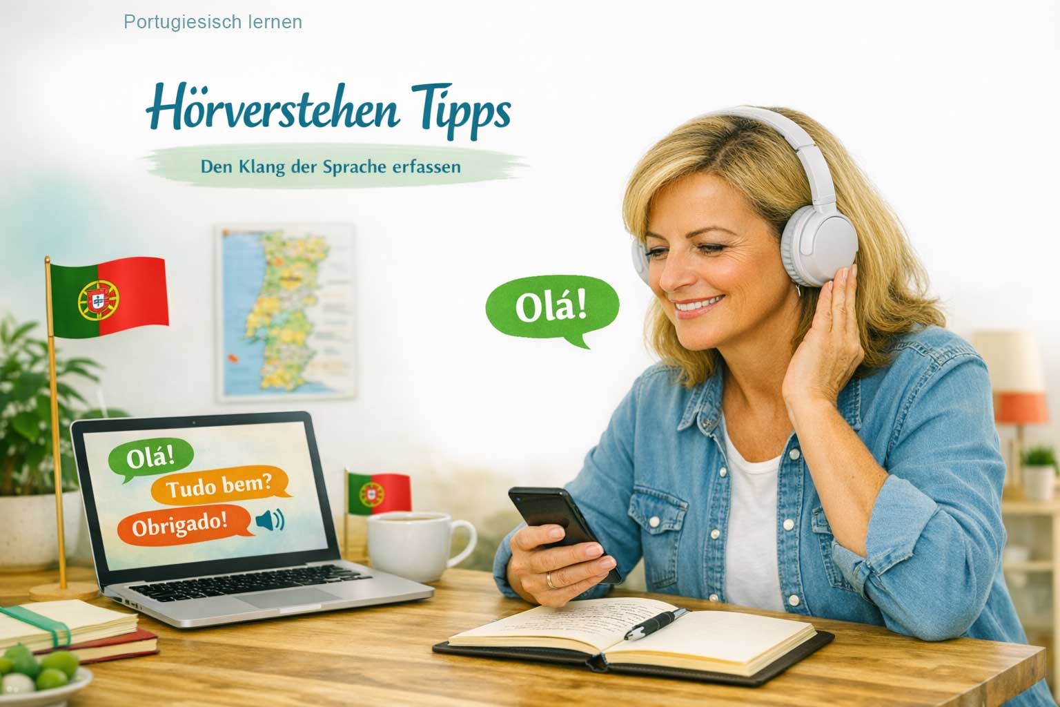 Portugiesisch Hörverstehen Tipps – Person mit Kopfhörern hört Portugiesisch