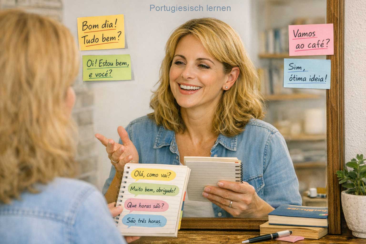 Kommunikationsübungen Portugiesisch – Person übt einen Dialog laut vor einem Spiegel