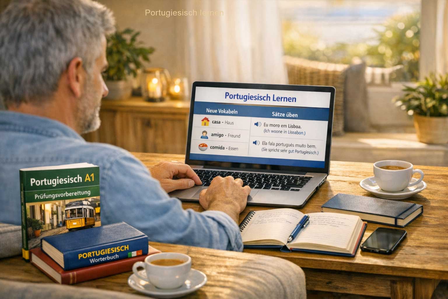 Kostenlose Portugiesisch-Ressourcen – Laptop mit geöffneten Lernseiten