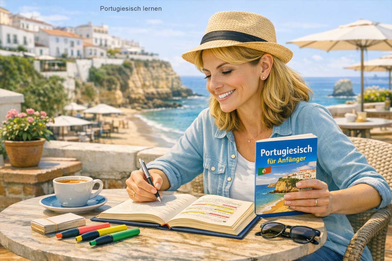 Portugiesisch lernen als Anfaenger – Person mit Notizbuch und einem Portugiesisch-Buch