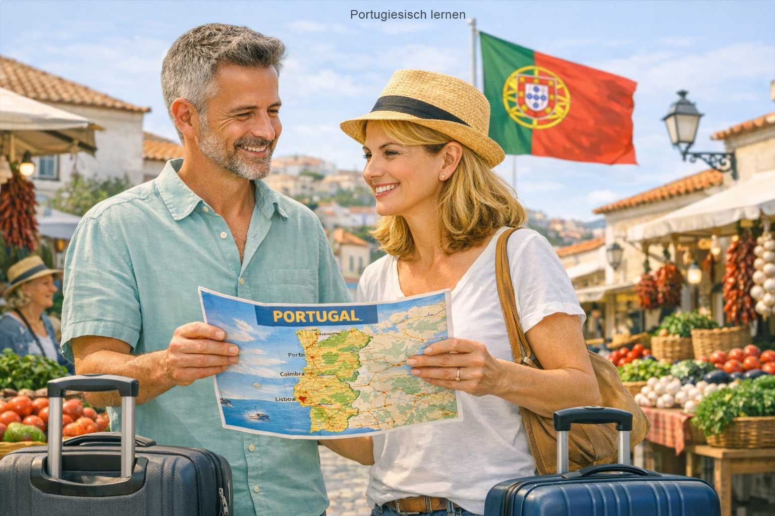 Portugiesisch lernen fuer Auswanderer – Koffer und Portugal-Karte auf einem Tisch