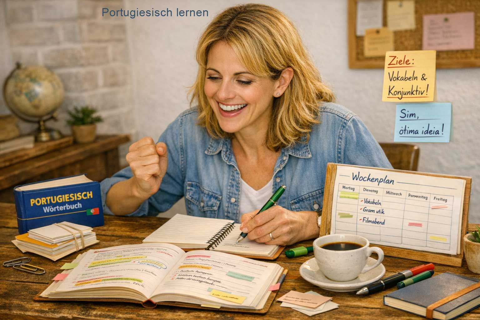 Motivation beim Portugiesisch lernen – Person mit Lernunterlagen und Kaffee, motiviert am Schreibtisch