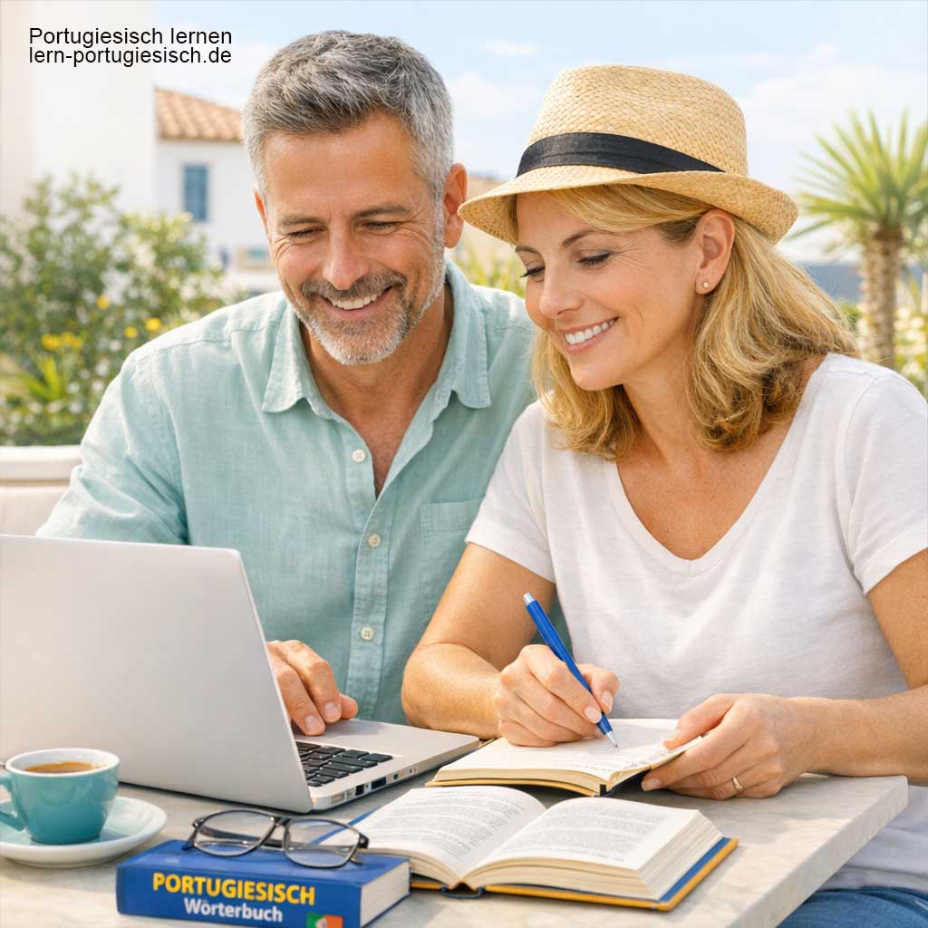 Portugiesisch Kurs Online – Frau lernt Portugiesisch am Laptop in sonniger Umgebung