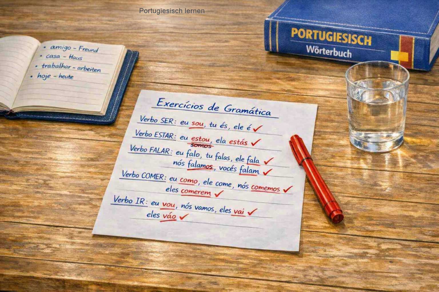 Typische Fehler Portugiesisch – Rotstift auf einem Blatt mit Grammatikuebungen