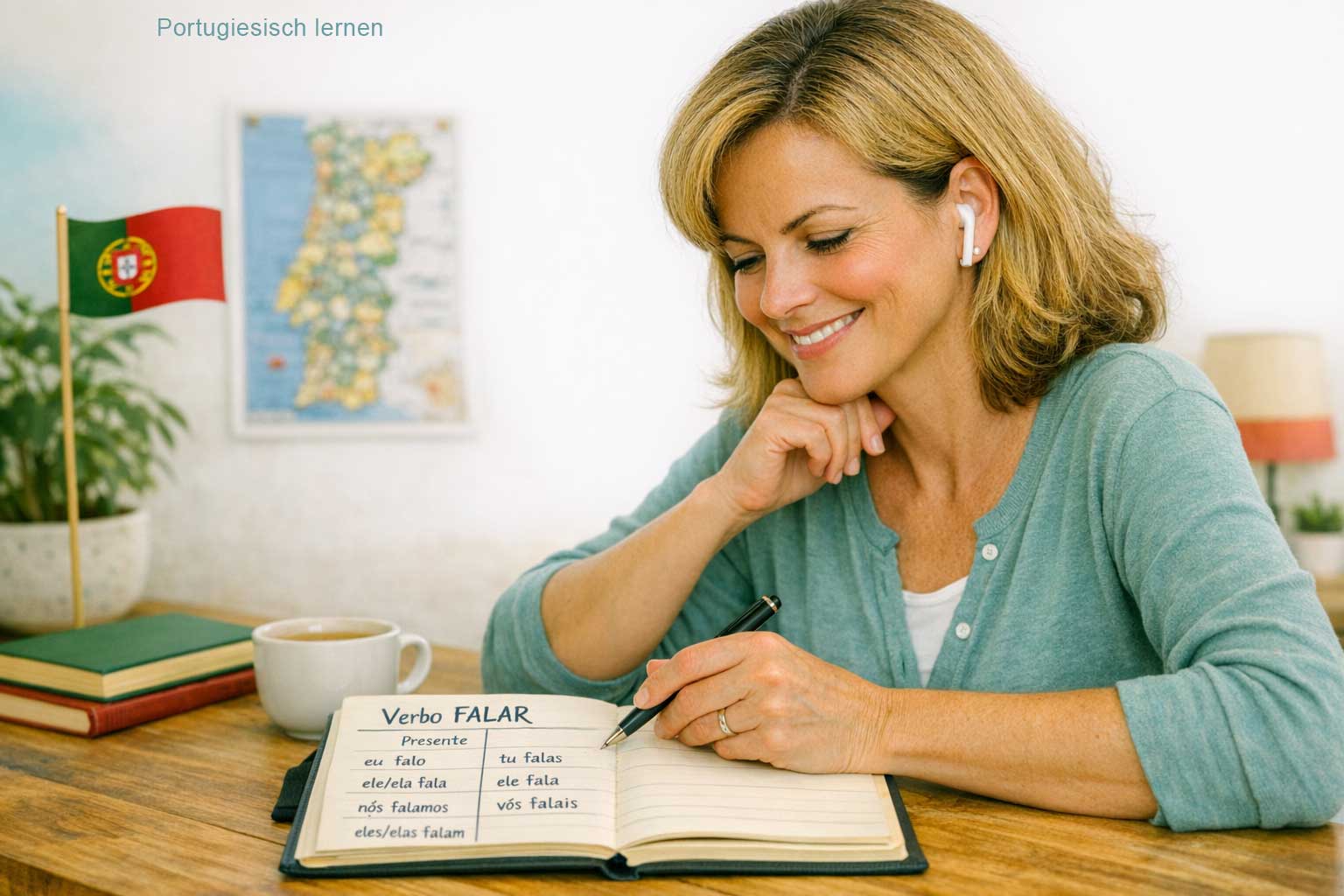 Portugiesisch Verben einfach erklärt – Grammatiktabelle auf einem Notizbuch