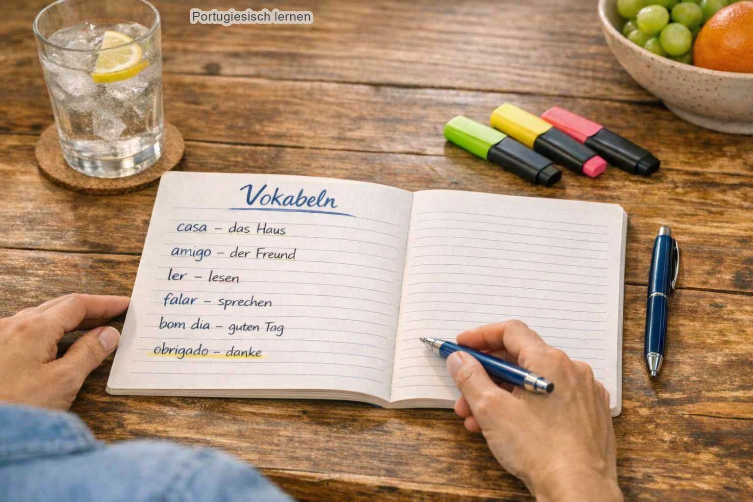 Portugiesisch Vokabeln lernen – Person schreibt Vokabeln in ein Heft
