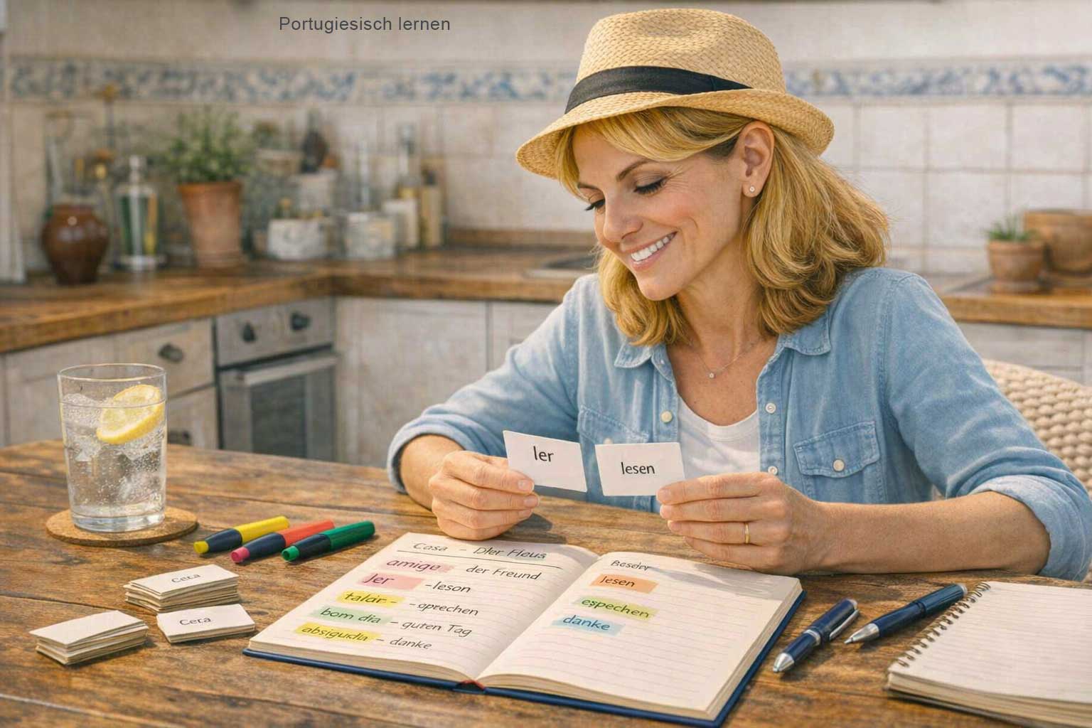 Portugiesisch Wortschatz aufbauen – Vokabelkarten auf einem Schreibtisch