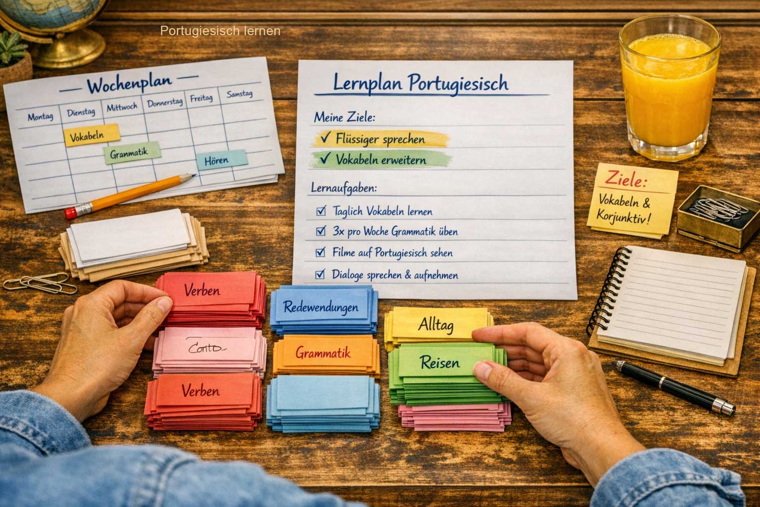 Wortschatz-Strategien Portugiesisch – Vokabelkarten und Lernplan auf einem Tisch